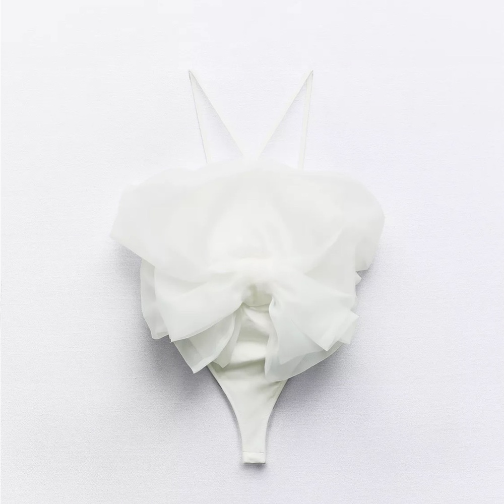 Zara Bodysuit Maxi Organza Fan Strappy Top White